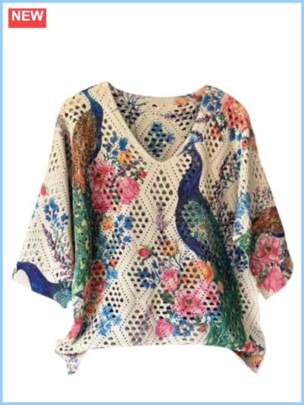 Women's Crochet Knit V-Neck Boho Sweater 3/4 Sleeve Oversized Lightweight See